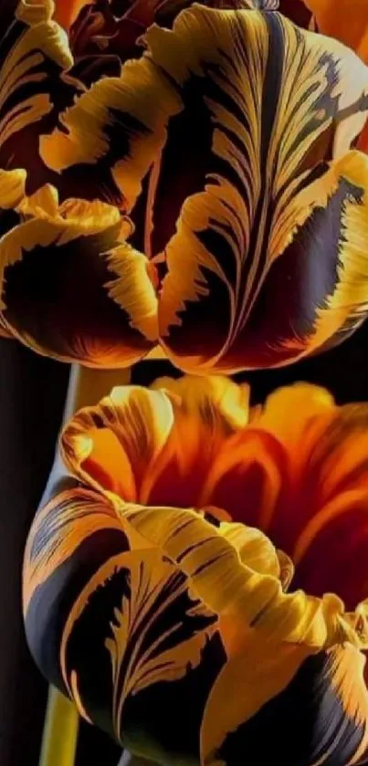 Vibrant orange and black tulip floral wallpaper.