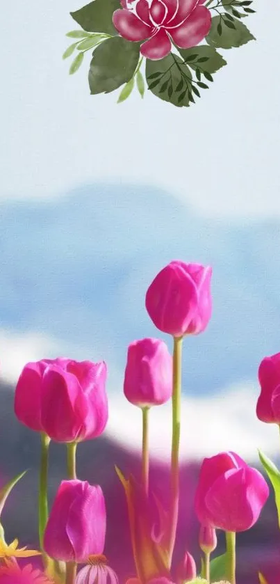 Vibrant pink tulips with a blue mountain backdrop.