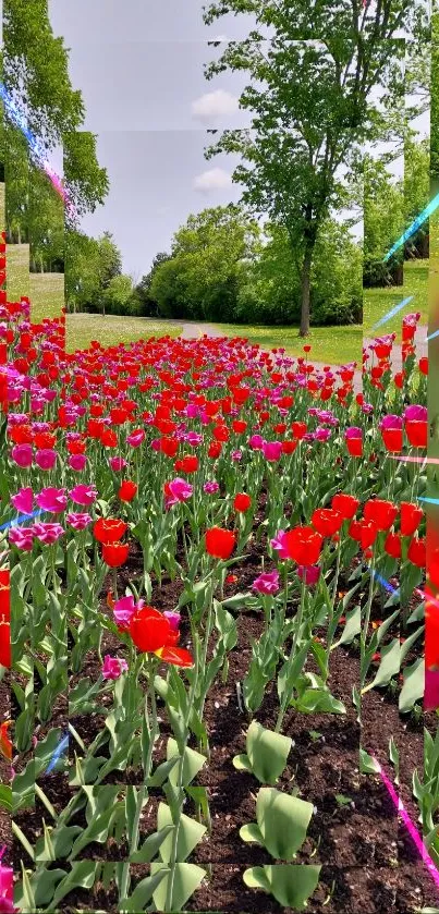 Beautiful tulip garden with vibrant red and pink flowers in springtime.