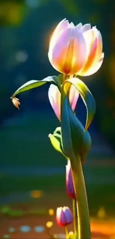 Vibrant tulip glowing in sunlight with a dark green garden background.