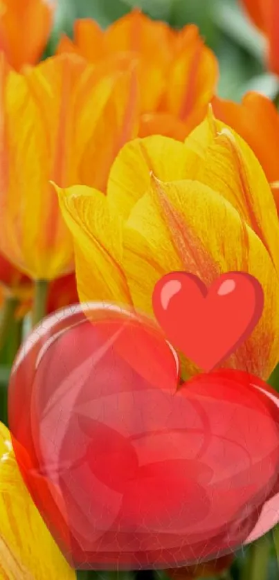 Orange and yellow tulips with a red heart overlay on a mobile wallpaper.