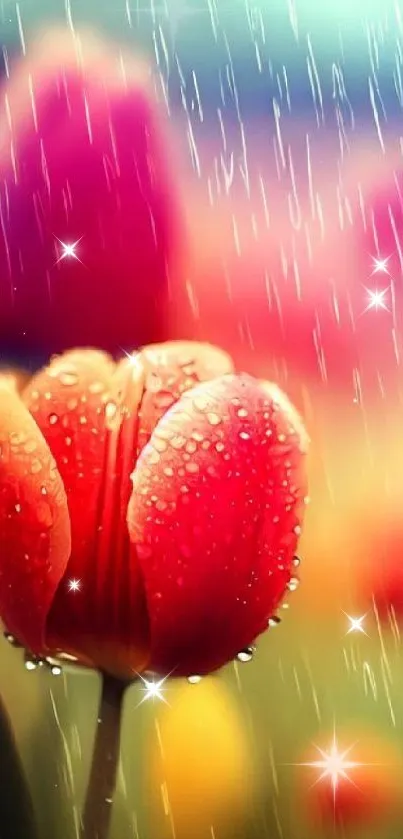 Red tulip with raindrops in vibrant color palette.