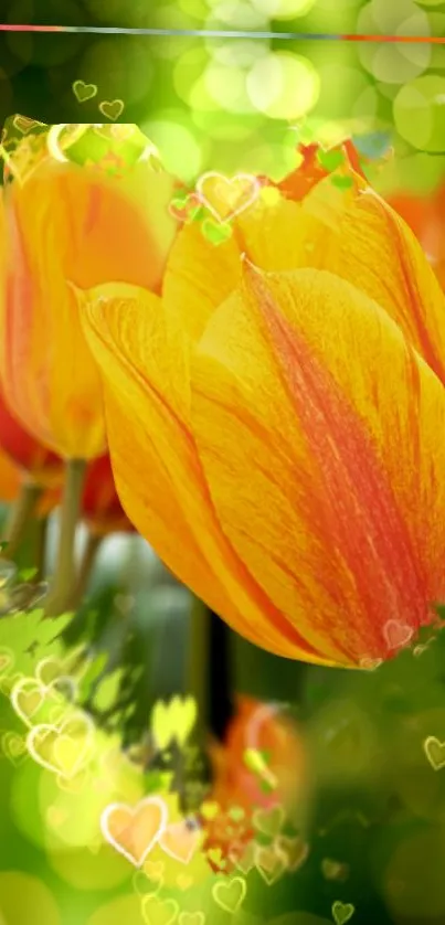 Orange tulip with bokeh hearts illustration.