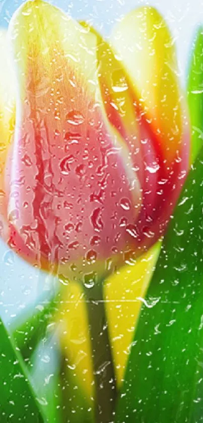 Vibrant tulip with raindrops on leaves, capturing spring beauty.