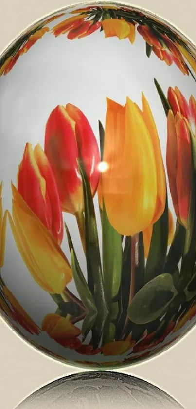 Glossy orb with vibrant tulip reflection.