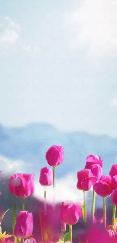 Pink tulips under a vibrant blue sky, perfect for a nature-inspired mobile wallpaper.