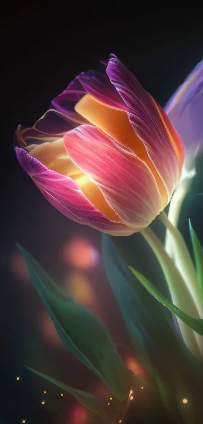 A vibrant purple tulip with colorful petals glowing gently.