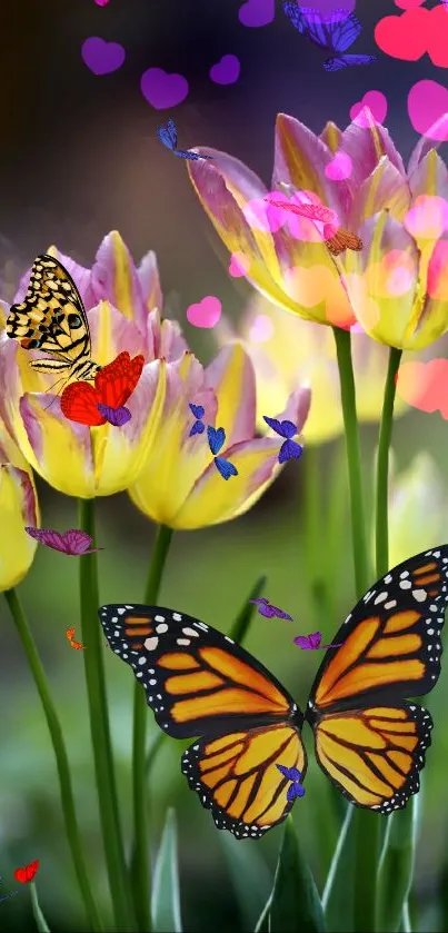 Vibrant tulips with butterflies and colorful hearts.