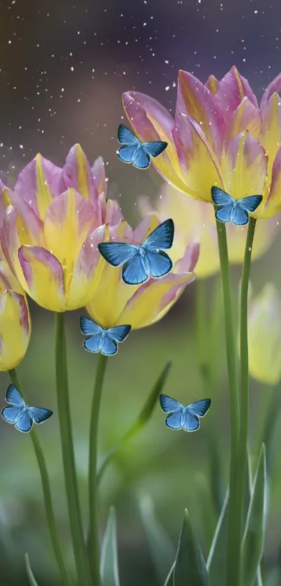 Vibrant tulips and blue butterflies in a lush garden setting.