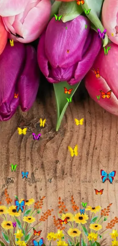 Colorful tulip and butterfly wallpaper on a wooden background.