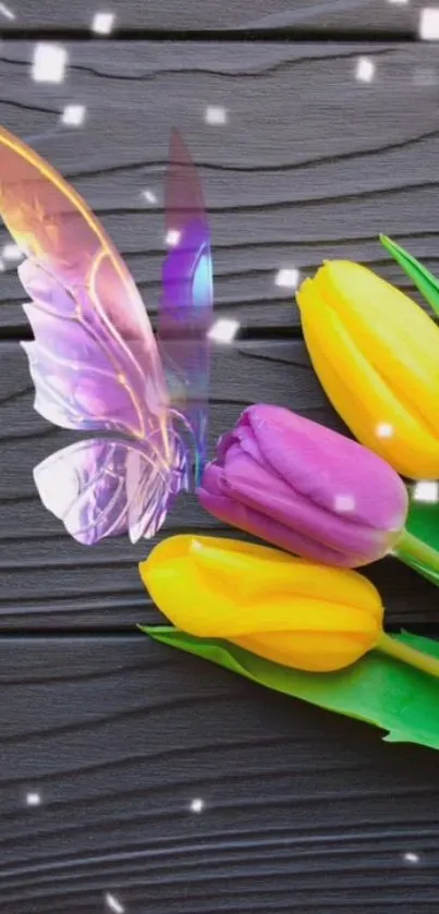 Floral wallpaper with vibrant tulips and a butterfly.