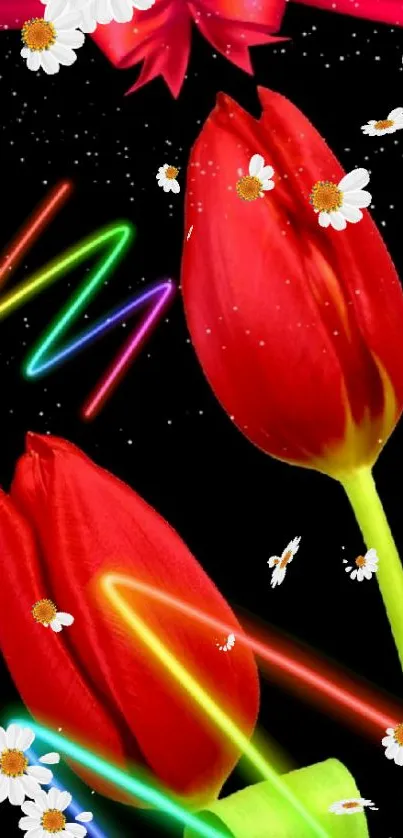 Vibrant red tulips with neon swirls and daisies on a black background.