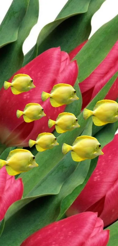 Vibrant mobile wallpaper with red tulips and yellow fish.