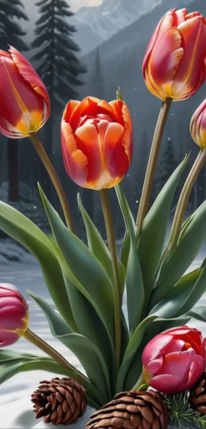 Vibrant tulips bloom in a snowy forest, surrounded by pine cones.