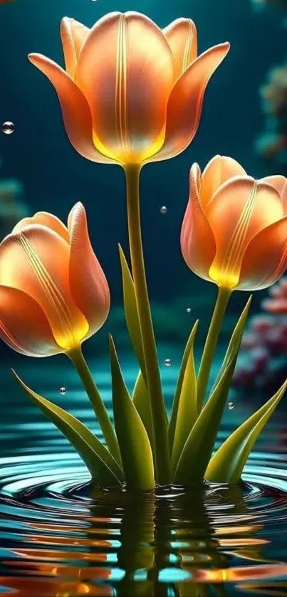 Three vibrant tulips glowing above water with reflections and soft lighting.