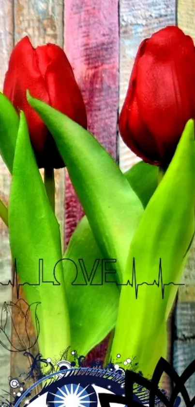 Red tulips and love motif on rustic art background.