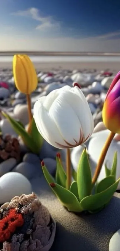 Colorful tulips with pebbles on a serene beach