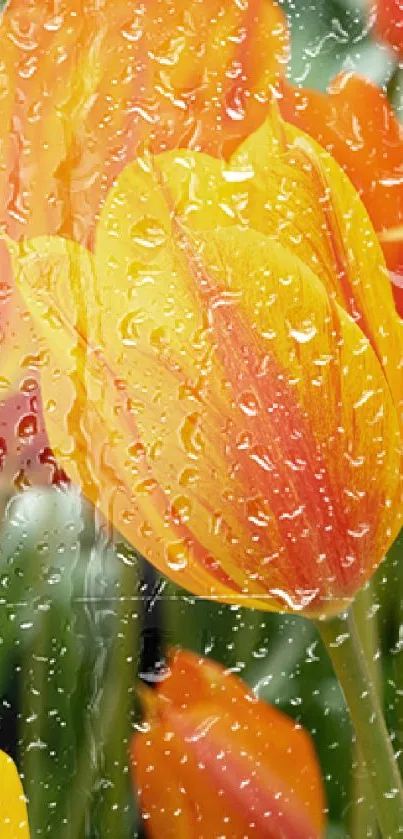 Orange tulips with raindrops creating a refreshing natural wallpaper.