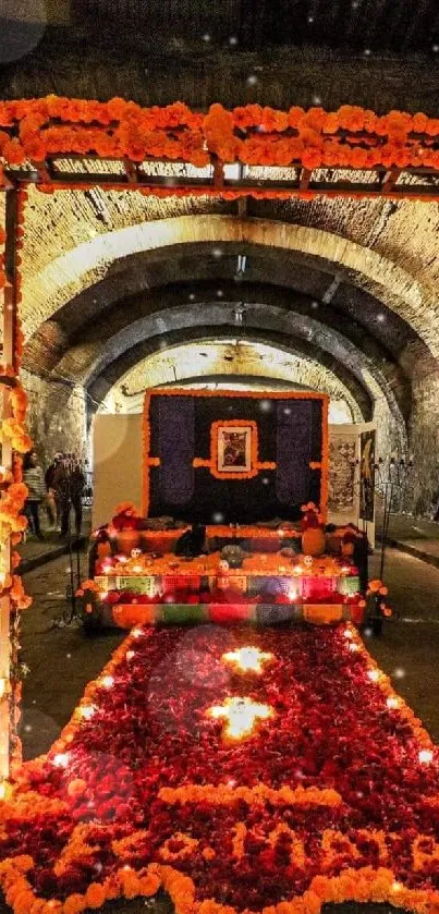 Diá de Muertos altar with marigold and lights in a tunnel.