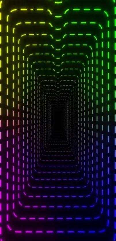 Vibrant neon tunnel wallpaper with rainbow lights.