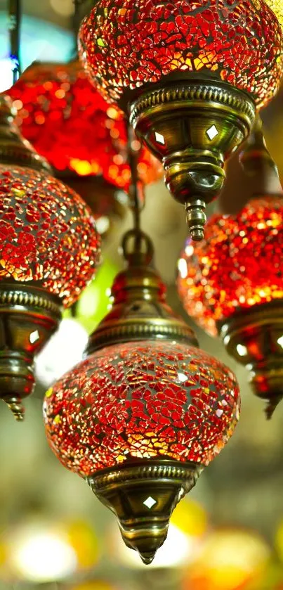 Vibrant Turkish lamp with mosaic patterns in warm red hues.