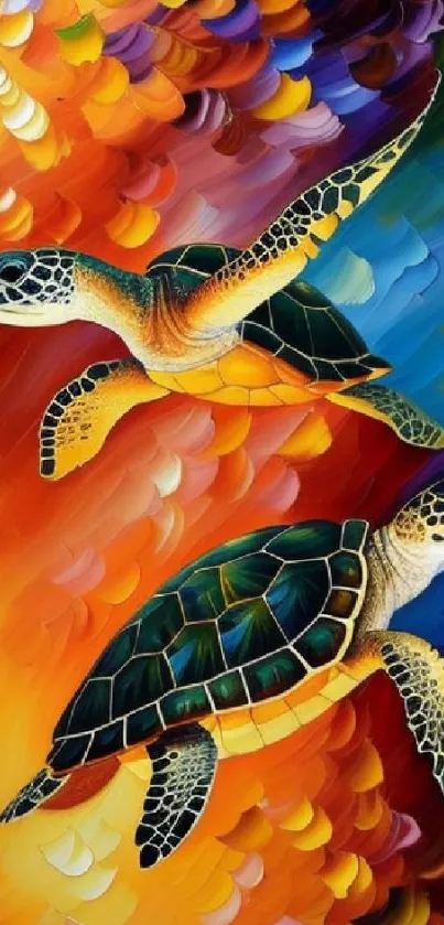 Vibrant artwork of two turtles with colorful brushstrokes.