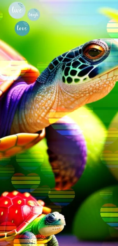 Colorful turtle artwork with vibrant green background and artistic design.