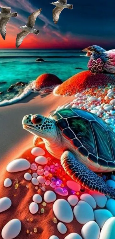 Turtle on a colorful pebbled beach with vibrant turquoise ocean and red sky.