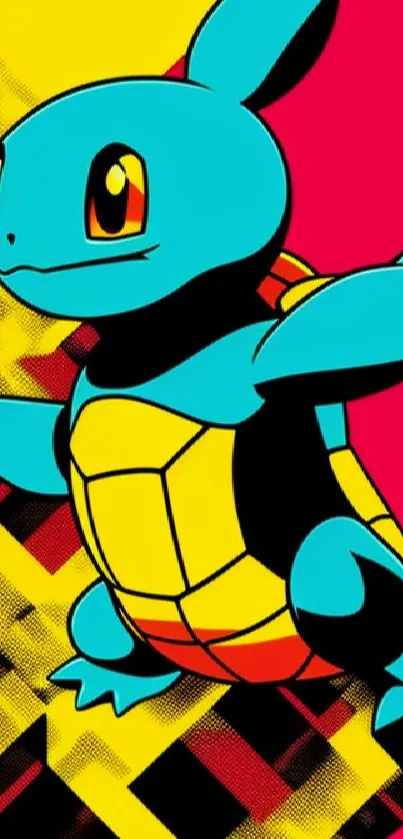 Colorful turtle character on vibrant background.