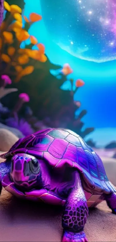 A colorful turtle in a vibrant underwater scene.