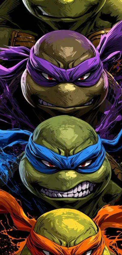 Colorful illustration of turtle heroes with masks in purple, blue, and orange.