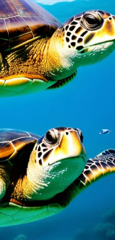 Two turtles swimming in a vibrant blue ocean.