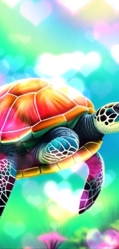 Vibrant turtle swimming in a colorful ocean.