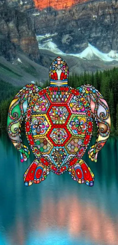 Vibrant turtle design with mountain lake backdrop in stunning blue scenery.