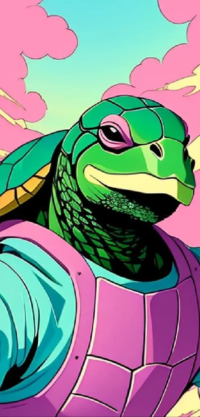 Vibrant turtle superhero in comic style with pink sky.