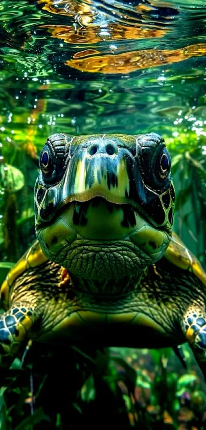 Vibrant underwater turtle in lush green setting.
