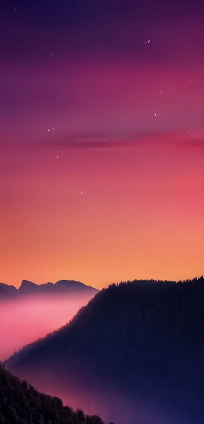 Vibrant twilight over mountains with gradient colors of purple and orange.