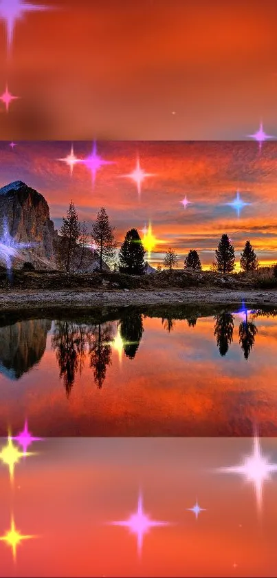 Colorful twilight landscape with lake and stars reflection.