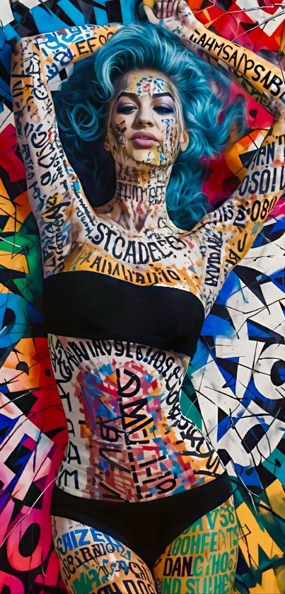 Woman with blue hair in vibrant typographic body art.
