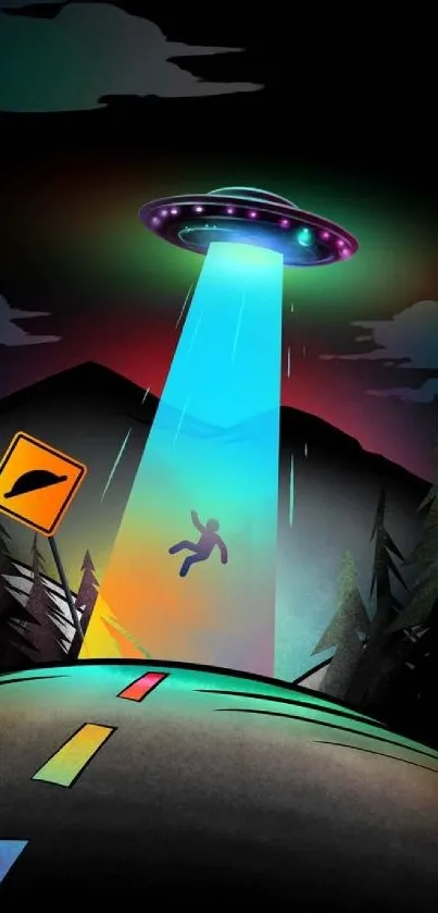 Colorful UFO abducting a person in a dark, mysterious landscape.