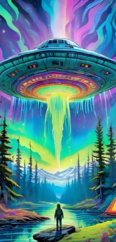 Vibrant artwork featuring a UFO in a colorful forest setting.