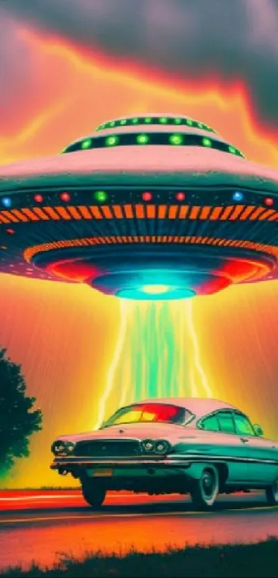 Neon UFO hovering over vintage car at night, vivid colors.