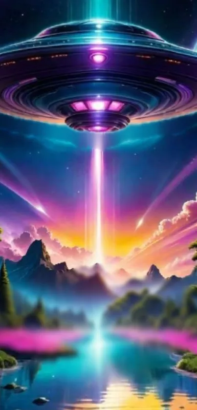 Vibrant UFO hovering above colorful fantasy landscape.