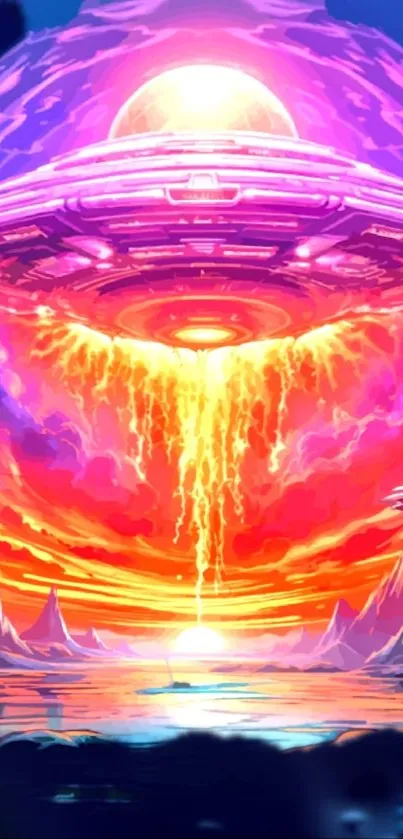 Vibrant UFO descending in colorful galaxy art.