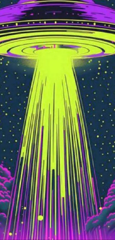 Neon green and purple UFO illustration on a cosmic background.