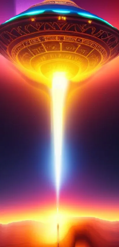 Vibrant UFO emitting colorful beam in a sci-fi themed wallpaper.