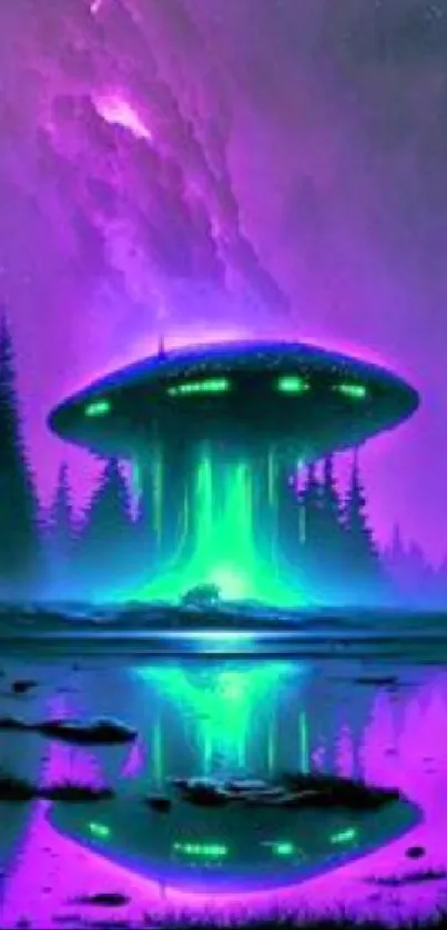 Glowing UFO under a purple night sky reflected in a serene forest lake.