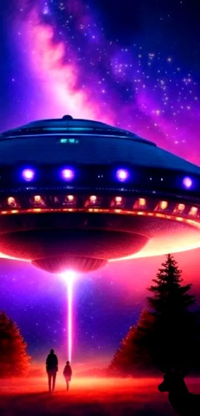 A vibrant UFO hovers over a night landscape under a starry purple sky.