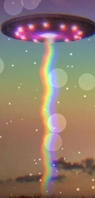 UFO emitting rainbow beam over a colorful sunset in this vibrant mobile wallpaper.