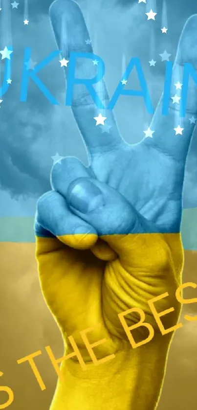 Vibrant Ukraine flag peace sign against stormy clouds.